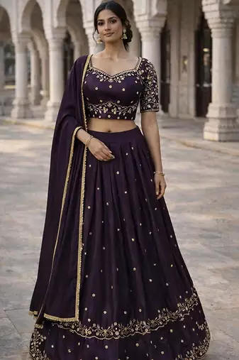 Embroidered Ready To Wear Lehenga & Semi-Stitched Blouse With Dupatta Free Size Upto 42