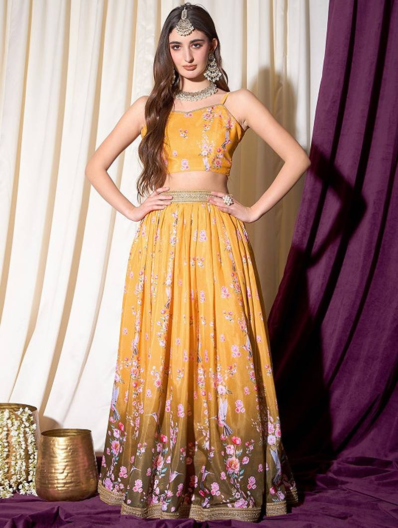 Floral Printed Gotta Patti Ready To Wear Lehenga & Choli Free Size Upto 42