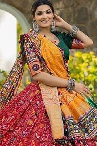 Mukaish Semi-Stitched Lehenga & Blouse With Dupatta Free Size Upto 42