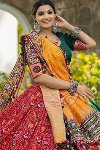 Mukaish Semi-Stitched Lehenga & Blouse With Dupatta Free Size Upto 42