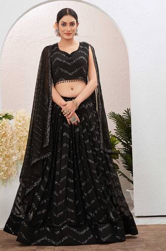 Embroidered Sequinned Foil Print Ready To Wear Lehenga & Blouse With Dupatta Free Size Upto 42