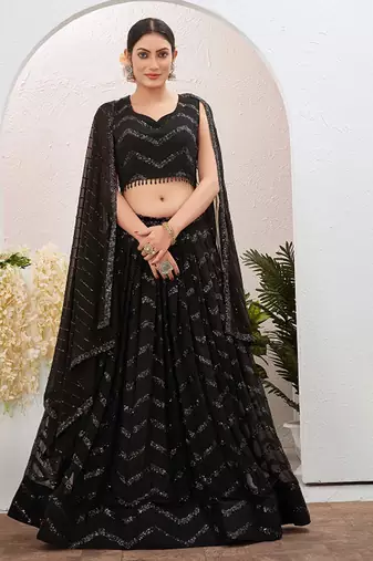 Embroidered Sequinned Foil Print Ready To Wear Lehenga & Blouse With Dupatta Free Size Upto 42