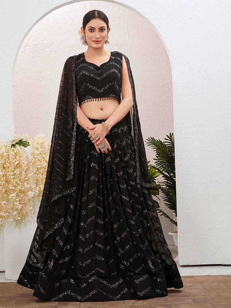 Embroidered Sequinned Foil Print Ready To Wear Lehenga & Blouse With Dupatta Free Size Upto 42