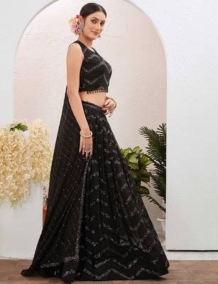 Embroidered Sequinned Foil Print Ready To Wear Lehenga & Blouse With Dupatta Free Size Upto 42 2