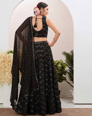 Embroidered Sequinned Foil Print Ready To Wear Lehenga & Blouse With Dupatta Free Size Upto 42 3