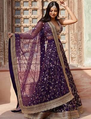 Women Embellished Sequinned Semi Stitched Lehenga & Blouse With Dupatta Free Size Upto 42 3