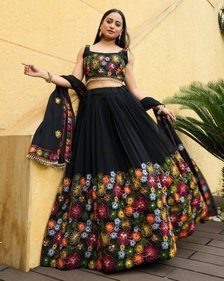 Embroidered Thread Work Semi-Stitched Lehenga & Unstitched Blouse With Dupatta Free Size Upto 42 1