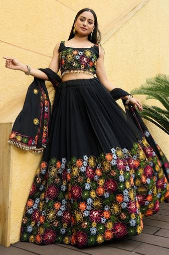 Embroidered Thread Work Semi-Stitched Lehenga & Unstitched Blouse With Dupatta Free Size Upto 42