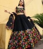 Embroidered Thread Work Semi-Stitched Lehenga & Unstitched Blouse With Dupatta Free Size Upto 42