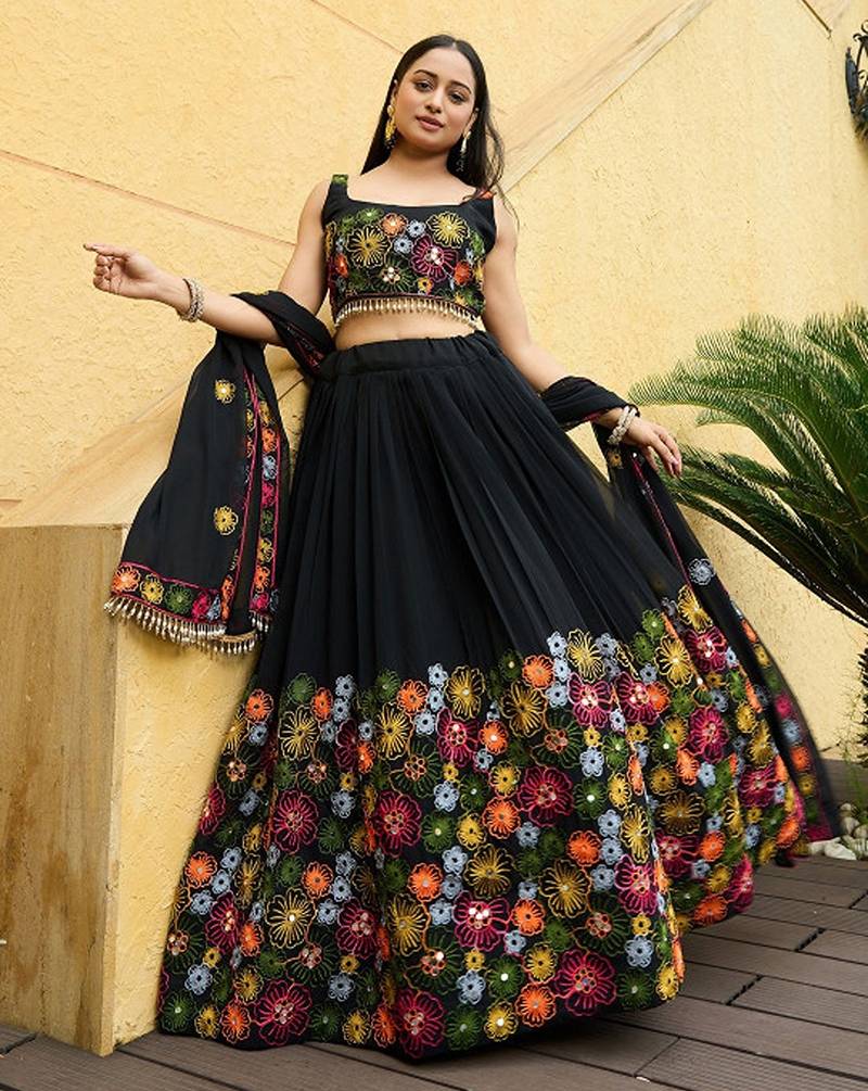 Embroidered Thread Work Semi-Stitched Lehenga & Unstitched Blouse With Dupatta Free Size Upto 42