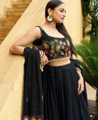 Embroidered Thread Work Semi-Stitched Lehenga & Unstitched Blouse With Dupatta Free Size Upto 42 2