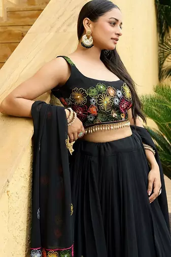 Embroidered Thread Work Semi-Stitched Lehenga & Unstitched Blouse With Dupatta Free Size Upto 42