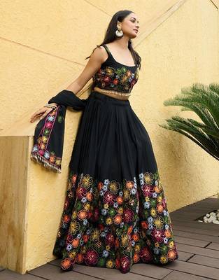 Embroidered Thread Work Semi-Stitched Lehenga & Unstitched Blouse With Dupatta Free Size Upto 42 3