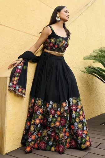 Embroidered Thread Work Semi-Stitched Lehenga & Unstitched Blouse With Dupatta Free Size Upto 42