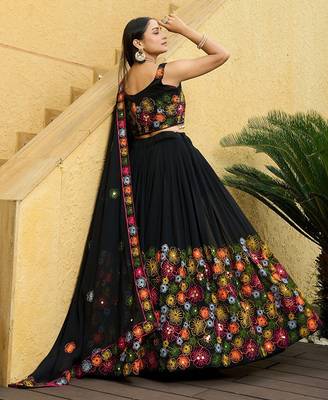Embroidered Thread Work Semi-Stitched Lehenga & Unstitched Blouse With Dupatta Free Size Upto 42 4