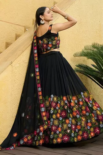 Embroidered Thread Work Semi-Stitched Lehenga & Unstitched Blouse With Dupatta Free Size Upto 42