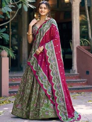 Printed Foil Print Ready To Wear Lehenga & Unstitched Blouse With Dupatta Free Size Upto 42 1