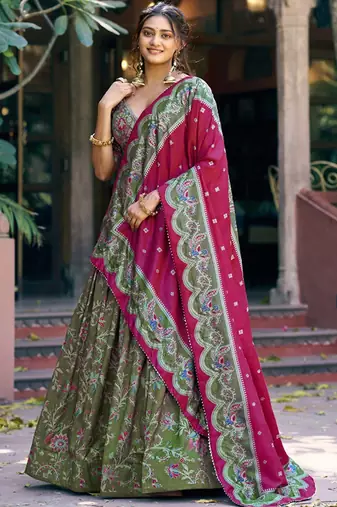 Printed Foil Print Ready To Wear Lehenga & Unstitched Blouse With Dupatta Free Size Upto 42