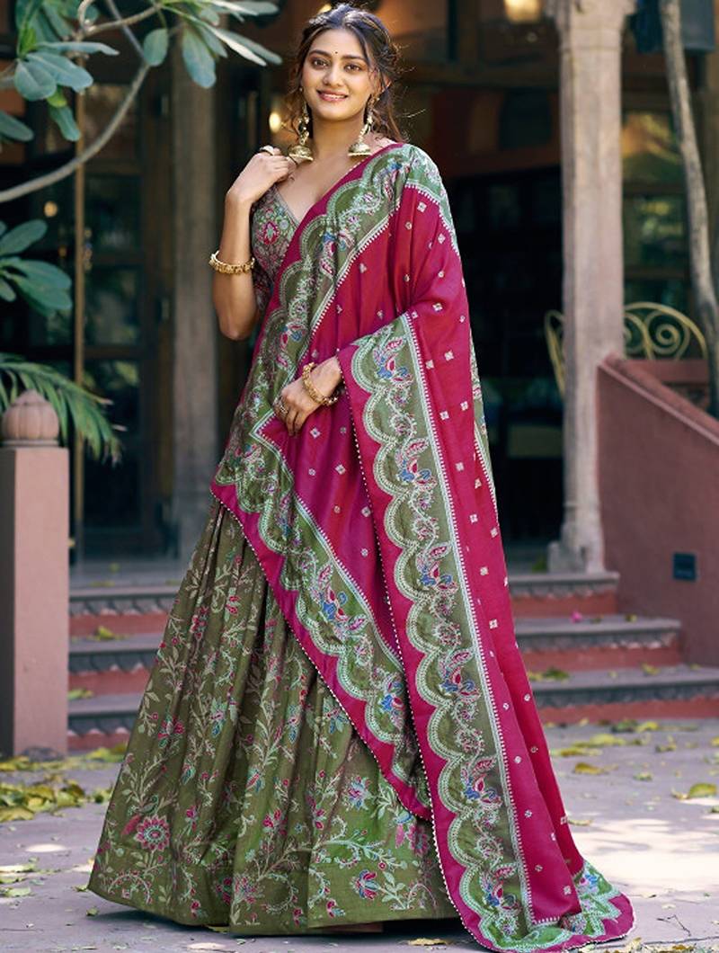 Printed Foil Print Ready To Wear Lehenga & Unstitched Blouse With Dupatta Free Size Upto 42