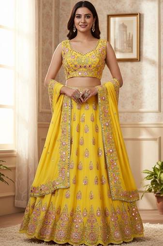 Embroidered Sequinned Semi-Stitched Lehenga & Unstitched Blouse With Dupatta Free Size Upto 42