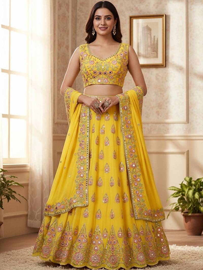 Embroidered Sequinned Semi-Stitched Lehenga & Unstitched Blouse With Dupatta Free Size Upto 42