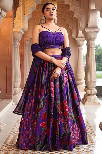 Printed Beads And Stones Ready To Wear Lehenga & Unstitched Blouse With Dupatta Free Size Upto 42