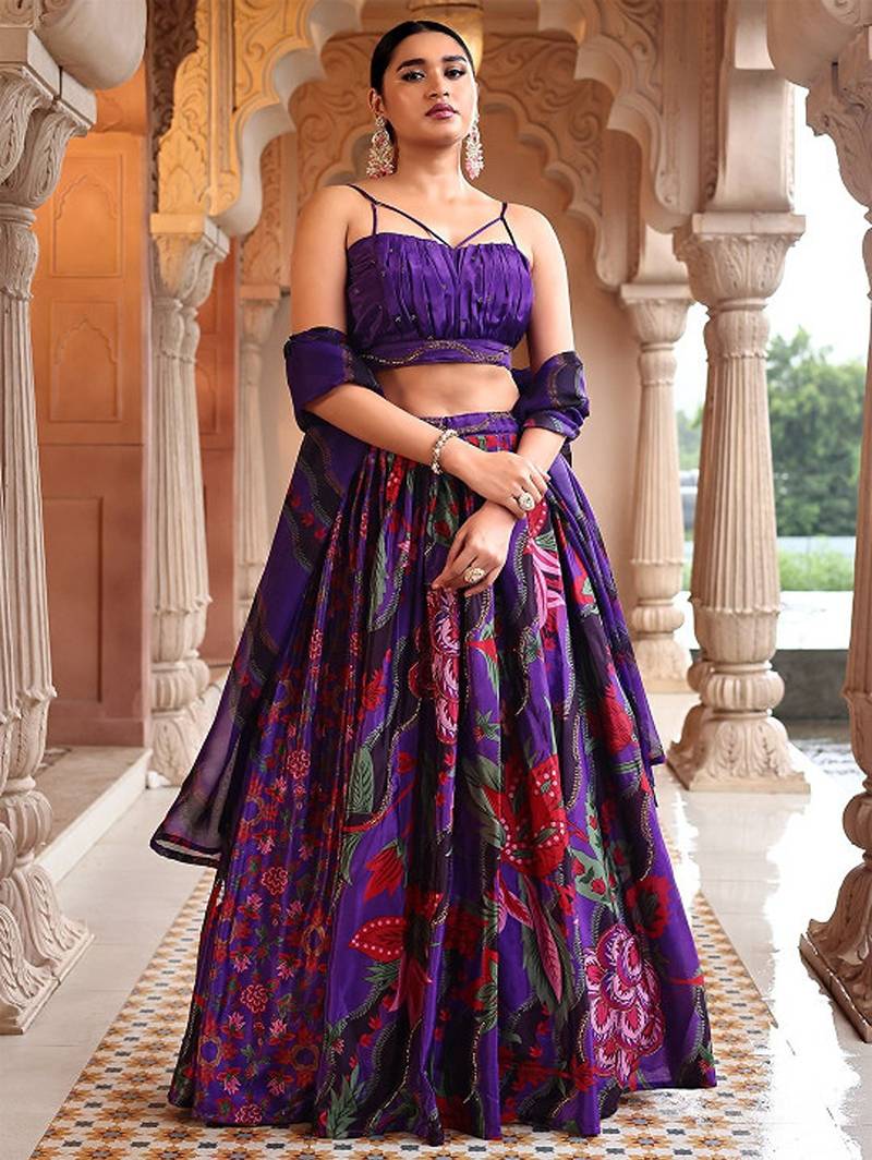 Printed Beads And Stones Ready To Wear Lehenga & Unstitched Blouse With Dupatta Free Size Upto 42