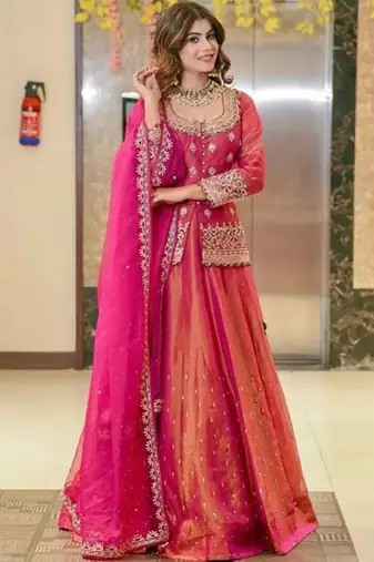 Embroidered Thread Work Semi-Stitched Lehenga & Blouse With Dupatta Free Size Upto 42