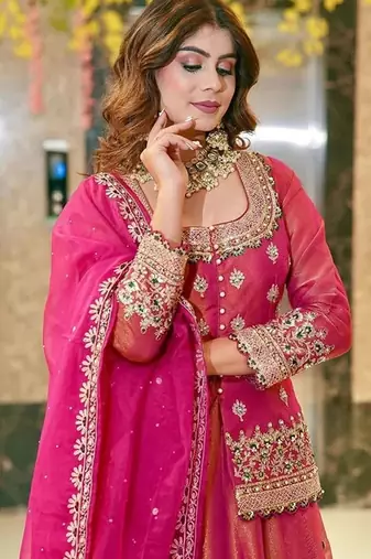 Embroidered Thread Work Semi-Stitched Lehenga & Blouse With Dupatta Free Size Upto 42
