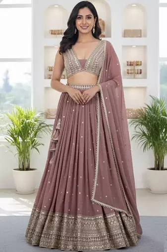 Embroidered Sequinned Semi-Stitched Lehenga & Unstitched Blouse Silk Georgette Free Size Upto 42