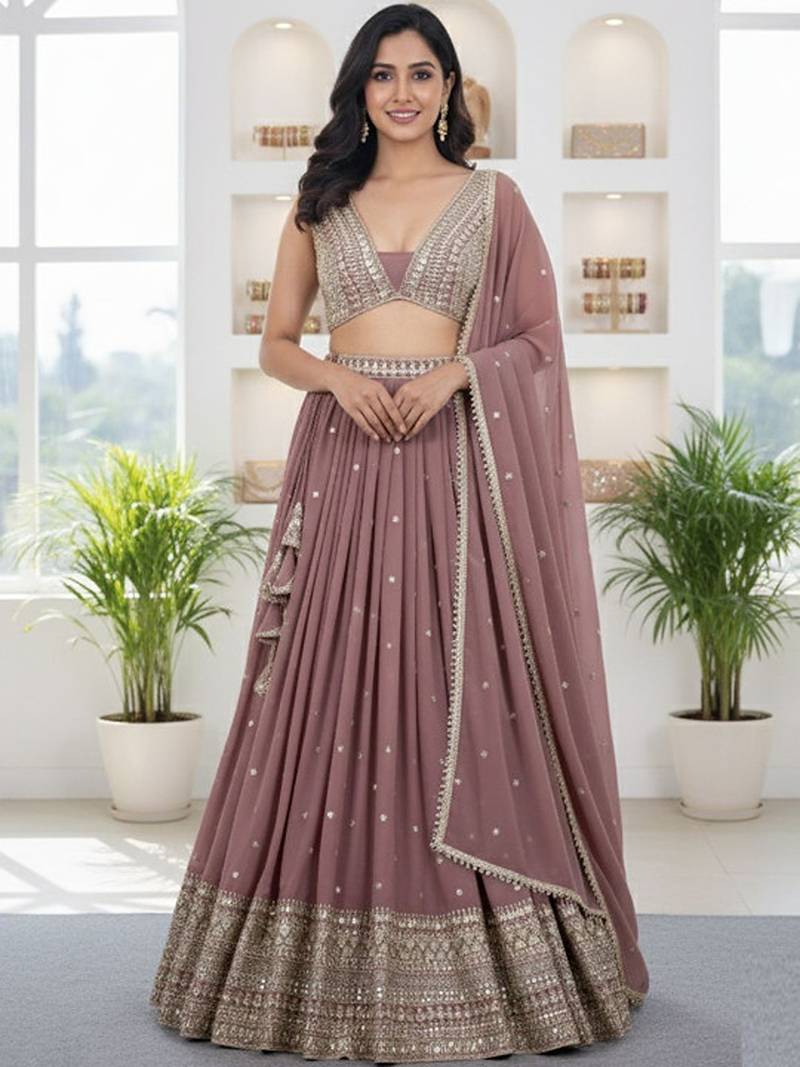 Embroidered Sequinned Semi-Stitched Lehenga & Unstitched Blouse Silk Georgette Free Size Upto 42