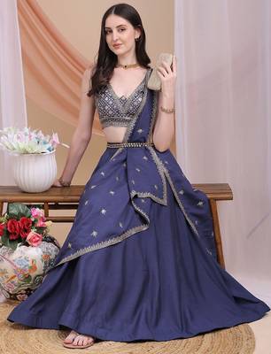 Embroidered Sequinned Ready To Wear Lehenga & Blouse With Dupatta Free Size Upto 42 1