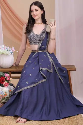 Embroidered Sequinned Ready To Wear Lehenga & Blouse With Dupatta Free Size Upto 42