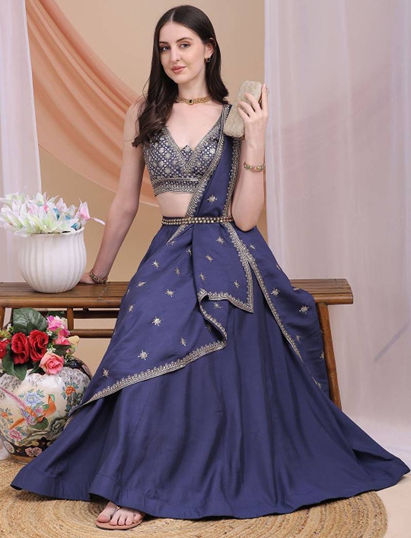 Embroidered Sequinned Ready To Wear Lehenga & Blouse With Dupatta Free Size Upto 42