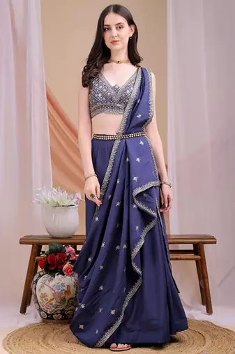 Embroidered Sequinned Ready To Wear Lehenga & Blouse With Dupatta Free Size Upto 42