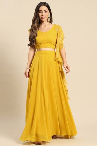 Yellow Ready To Wear Lehenga & Blouse With Dupatta Free Size Upto 42