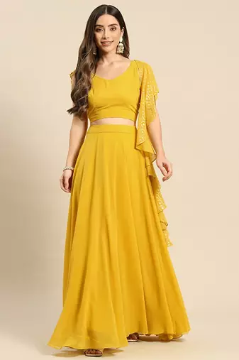 Yellow Ready To Wear Lehenga & Blouse With Dupatta Free Size Upto 42
