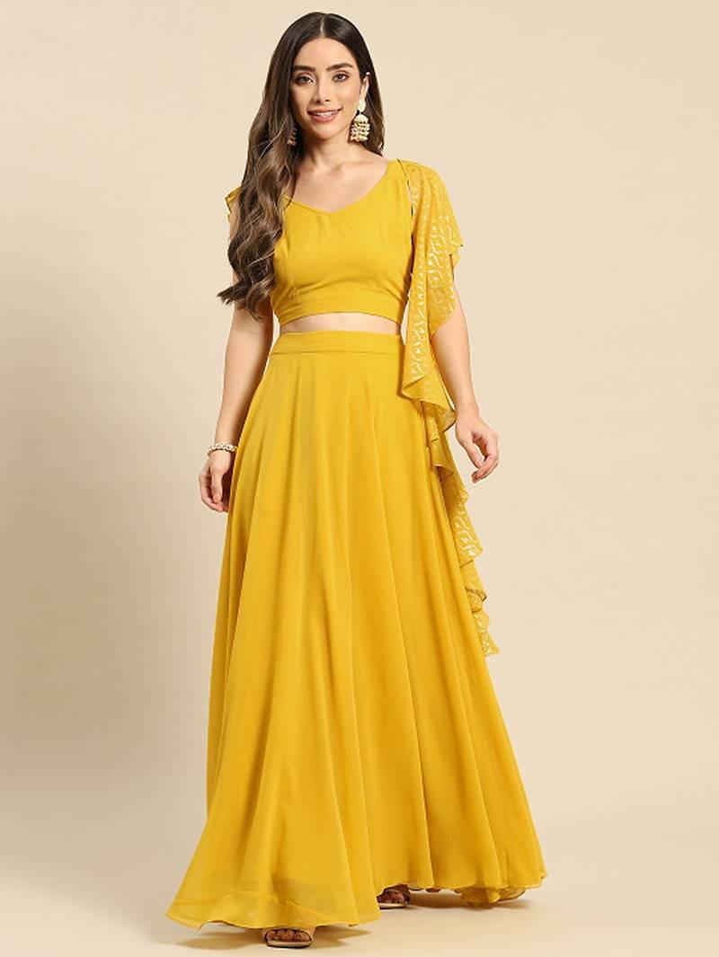Yellow Ready To Wear Lehenga & Blouse With Dupatta Free Size Upto 42