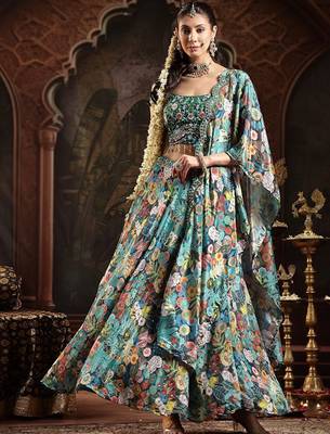Green Floral Printed Embroidered Silk Blend Lehenga Choli Dupatta Free Size Upto 42 1