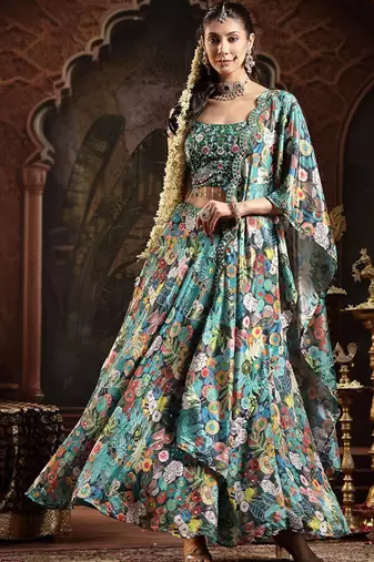 Green Floral Printed Embroidered Silk Blend Lehenga Choli Dupatta Free Size Upto 42