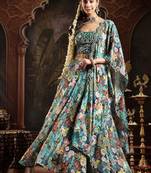 Green Floral Printed Embroidered Silk Blend Lehenga Choli Dupatta Free Size Upto 42