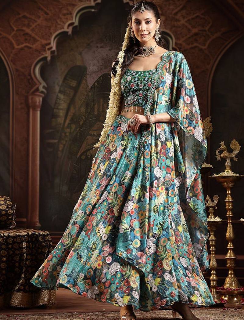 Green Floral Printed Embroidered Silk Blend Lehenga Choli Dupatta Free Size Upto 42