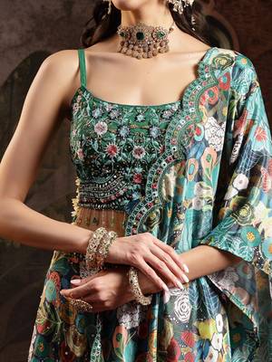 Green Floral Printed Embroidered Silk Blend Lehenga Choli Dupatta Free Size Upto 42 2