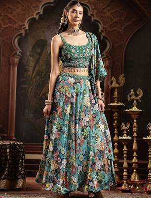 Green Floral Printed Embroidered Silk Blend Lehenga Choli Dupatta Free Size Upto 42 3