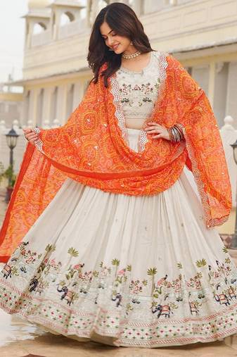 Embellished Sequinned Ready To Wear Lehenga & Blouse With Dupatta Free Size Upto 42