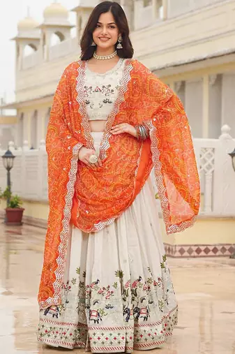 Embellished Sequinned Ready To Wear Lehenga & Blouse With Dupatta Free Size Upto 42