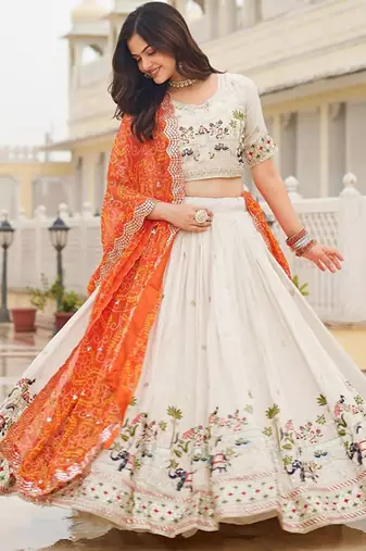 Embellished Sequinned Ready To Wear Lehenga & Blouse With Dupatta Free Size Upto 42