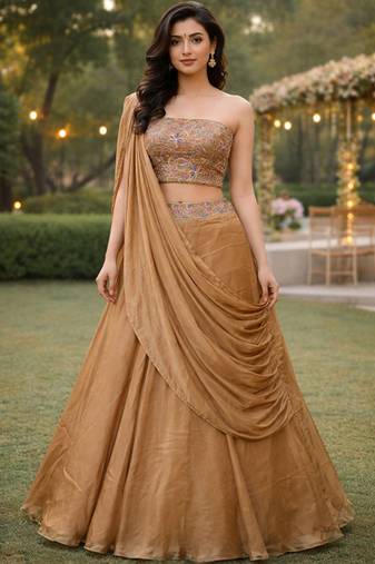 Embroidered Sequinned Ready To Wear Lehenga & Unstitched Blouse With Dupatta Free Size Upto 42