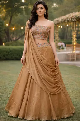 Embroidered Sequinned Ready To Wear Lehenga & Unstitched Blouse With Dupatta Free Size Upto 42