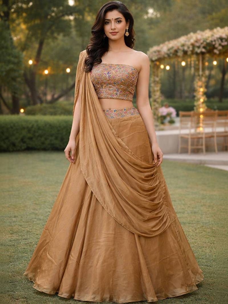 Embroidered Sequinned Ready To Wear Lehenga & Unstitched Blouse With Dupatta Free Size Upto 42